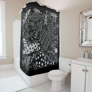 Modern Black And White Decorative Fish Pattern Shower Curtain