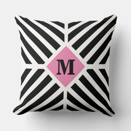 Modern Black and White Diagonal Stripes Monogram Throw Pillow