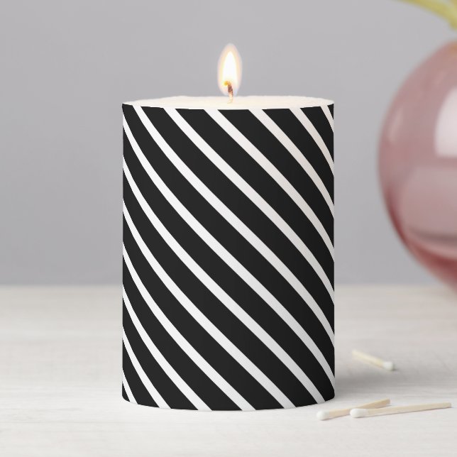Modern black and white diagonal stripes pattern pillar candle (In Situ)
