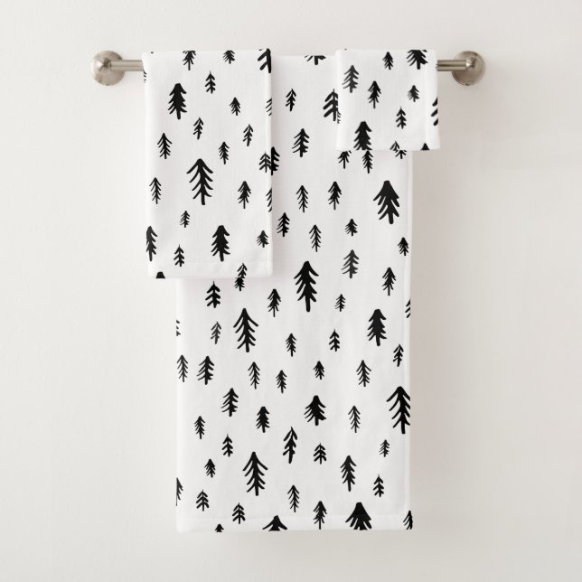 Modern Black and White Doddle Christmas Pine Trees Bath Towel Set (Insitu)