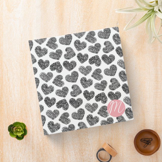 Modern Black and White Doodle Hearts Monogrammed 3 Ring Binder (In Situ)