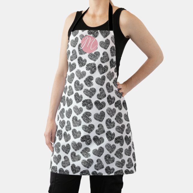 Modern Black and White Doodle Hearts Monogrammed Apron (Insitu)