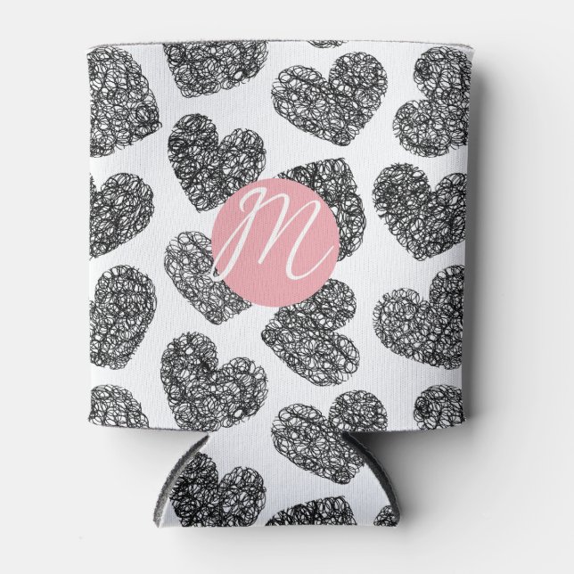Modern Black and White Doodle Hearts Monogrammed Can Cooler (Front)