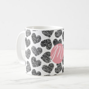 Modern Black and White Doodle Hearts Monogrammed Coffee Mug