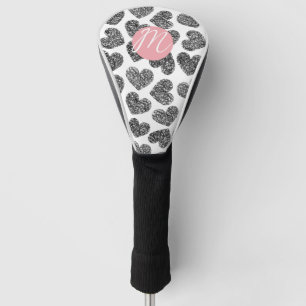 Modern Black and White Doodle Hearts Monogrammed Golf Head Cover