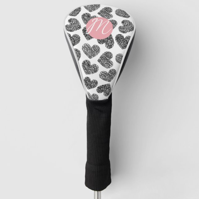 Modern Black and White Doodle Hearts Monogrammed Golf Head Cover (Front)