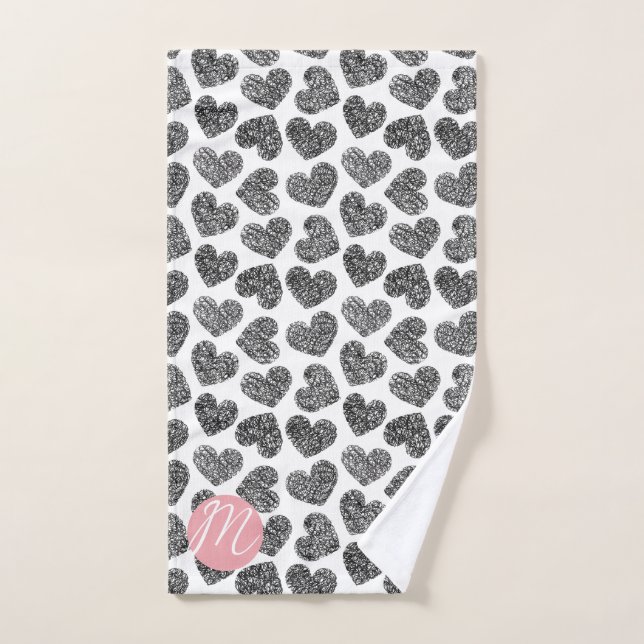 Modern Black and White Doodle Hearts Monogrammed Hand Towel (Hand Towel)