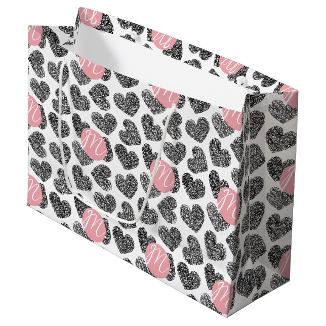 Modern Black and White Doodle Hearts Monogrammed Large Gift Bag (Front Angled)