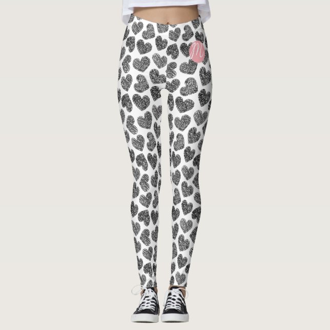 Modern Black and White Doodle Hearts Monogrammed Leggings (Front)