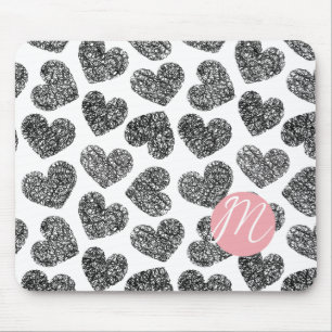 Modern Black and White Doodle Hearts Monogrammed Mouse Pad