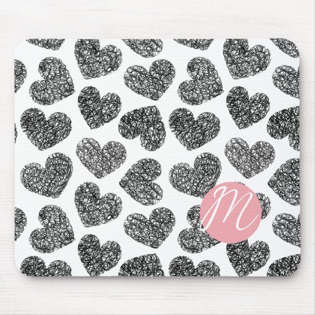 Modern Black and White Doodle Hearts Monogrammed Mouse Pad (Front)