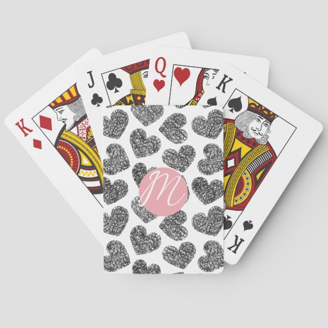 Modern Black and White Doodle Hearts Monogrammed Poker Cards (Back)