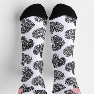 Modern Black and White Doodle Hearts Monogrammed Socks