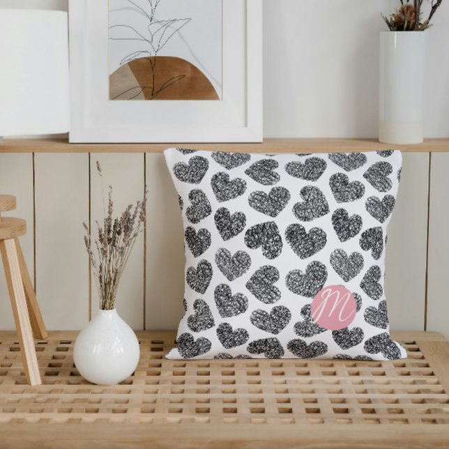Modern Black and White Doodle Hearts Monogrammed Throw Pillow (Creator Uploaded)