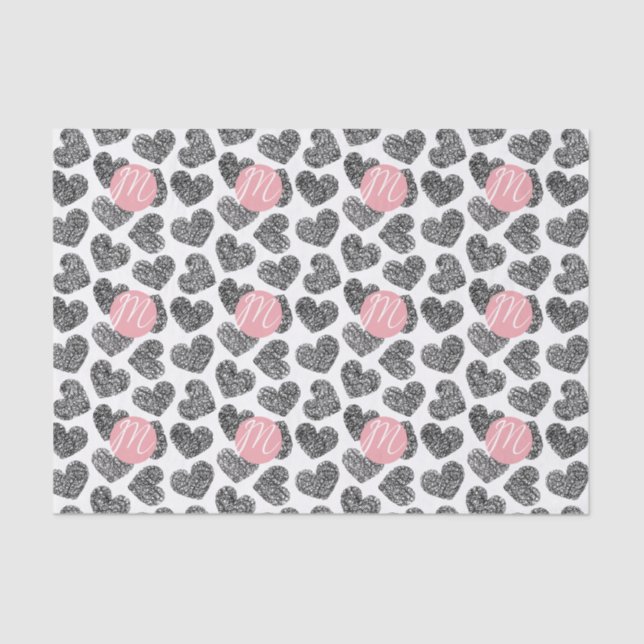 Modern Black and White Doodle Hearts Monogrammed Tissue Paper (Front)