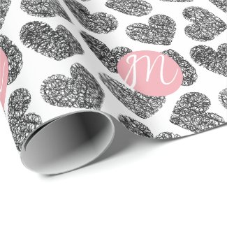 Modern Black and White Doodle Hearts Monogrammed