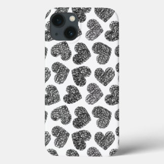 Modern Black and White Doodle Hearts Pattern iPhone 13 Case