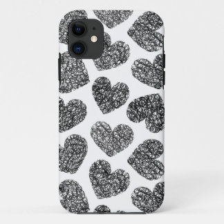 Modern Black and White Doodle Hearts Pattern iPhone 11 Case