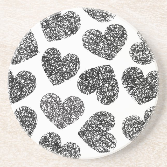 Modern Black and White Doodle Hearts Pattern Drink Coaster (Front)