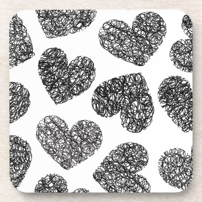 Modern Black and White Doodle Hearts Pattern Drink Coaster (Front)