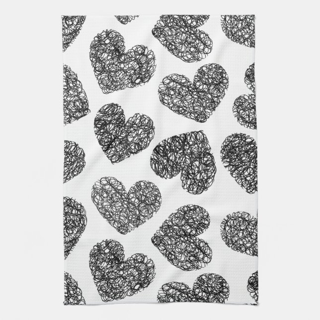 Modern Black and White Doodle Hearts Pattern Kitchen Towel (Vertical)
