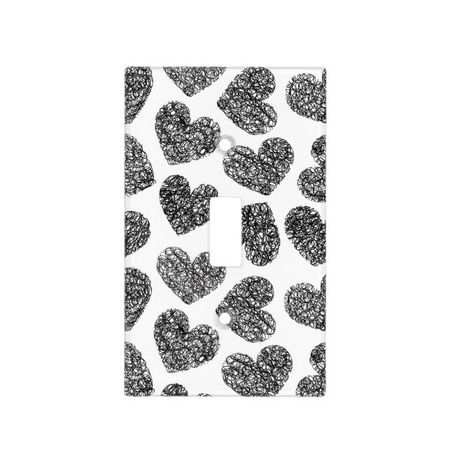 Modern Black and White Doodle Hearts Pattern Light Switch Cover (Front)