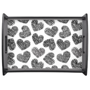Modern Black and White Doodle Hearts Pattern Serving Tray