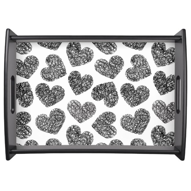 Modern Black and White Doodle Hearts Pattern Serving Tray (Front)