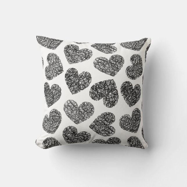 Modern Black and White Doodle Hearts Pattern Throw Pillow (Front)