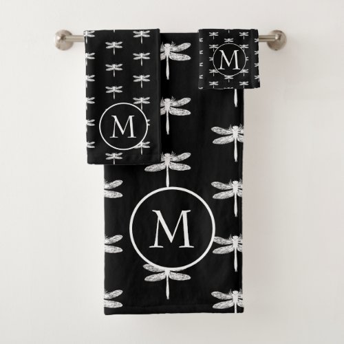 Modern Black and White Dragonfly Monogram Bath Towel Set