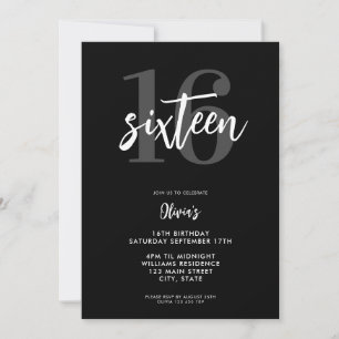 Modern Black and White Elegant 16th Birthday Invitation