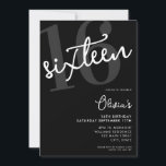 Modern Black and White Elegant 16th Birthday Invitation<br><div class="desc">A simple modern 16th birthday invitation featuring elegant calligraphy script typography and minimalist design in black and white color.</div>