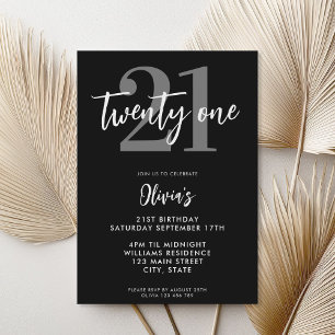Modern Black and White Elegant 21st Birthday Invitation