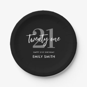 Modern Black and White Elegant 21st Birthday Paper Plates