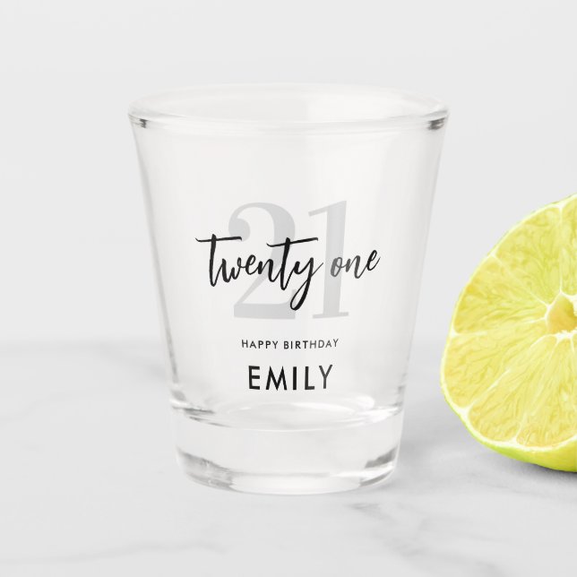 Modern Black and White Elegant 21st Birthday Shot Glass (Front)