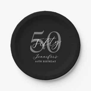 Modern Black and White Elegant 50th Birthday Paper Plates