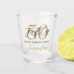 Modern Black and White Elegant 50th Birthday Shot Glass<br><div class="desc">A simple modern 50th birthday shot glass featuring elegant calligraphy script typography and minimalist design in black and gold color.</div>