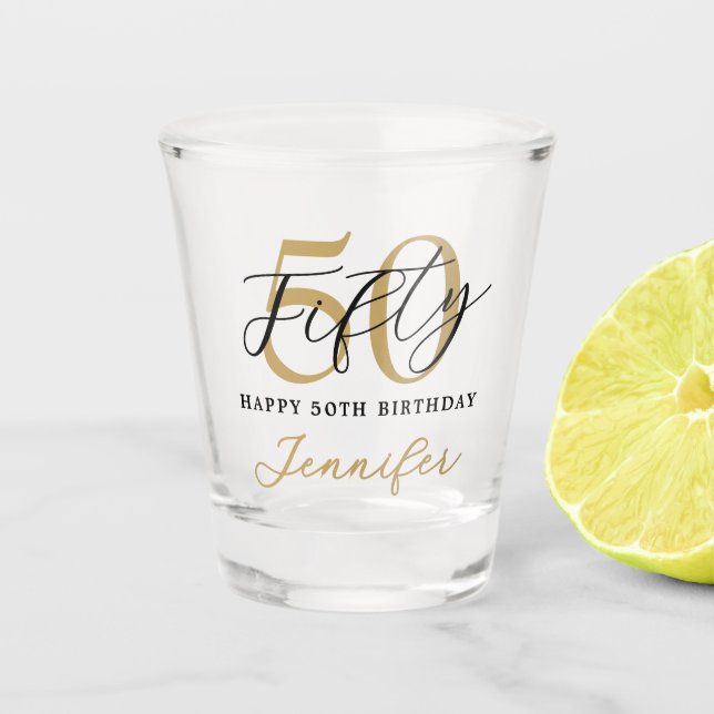 Modern Black and White Elegant 50th Birthday Shot Glass (Front)