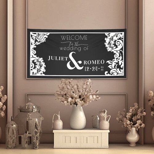 Modern Black and White Elegant Damask Floral  Banner