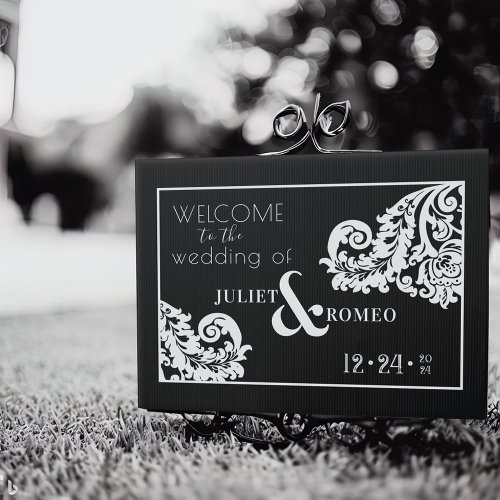 Modern Black and White Elegant Damask Floral  Sign