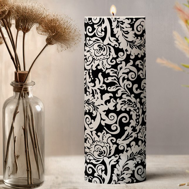 Modern Black and White Elegant Damask Wedding Pillar Candle (elegant black and white floral damask wedding candle)