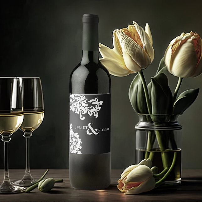 Modern Black and White Elegant Damask Wedding Wine Label (elegant black and white wedding wine label for wedding favors)