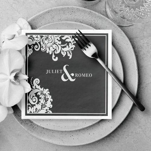 Modern Black and White Elegant Floral Damask  Paper Dinner Napkins