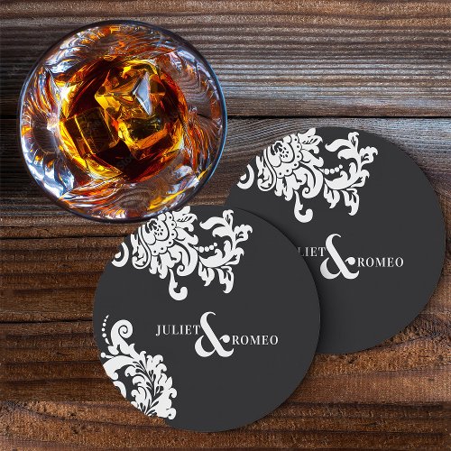 Modern Black and White Elegant Floral Damask  Round Paper Coaster