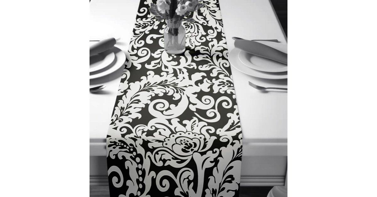 Modern Black and White Elegant Floral Damask Short Table Runner | Zazzle