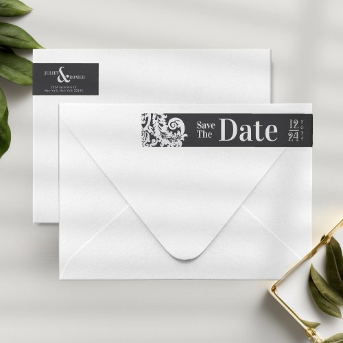 Modern Black and White Elegant Floral Damask Wrap Around Label