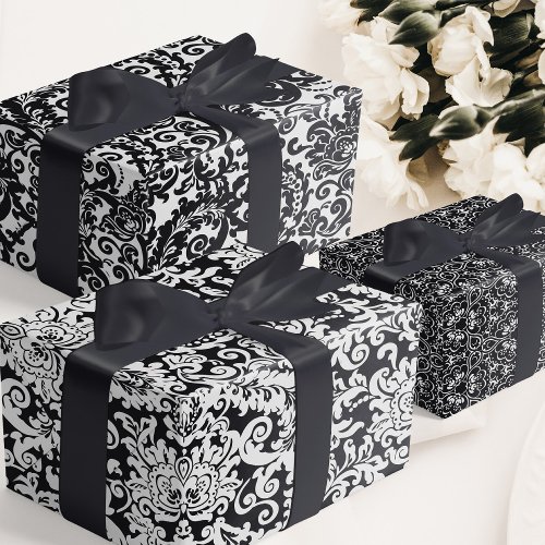 Modern Black and White Elegant Floral Damask Wrapping Paper Sheets