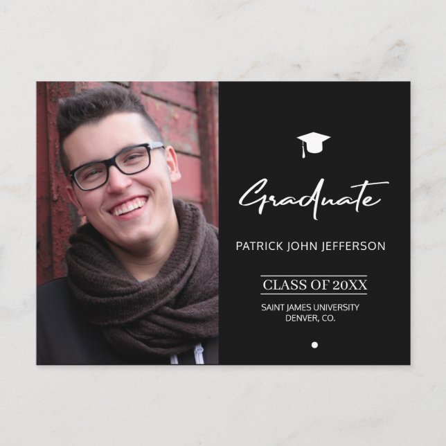 Modern black and white elegant photo graduation postcard (Front)