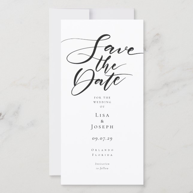 Modern Black and White Elegant Script Save The Date (Front)
