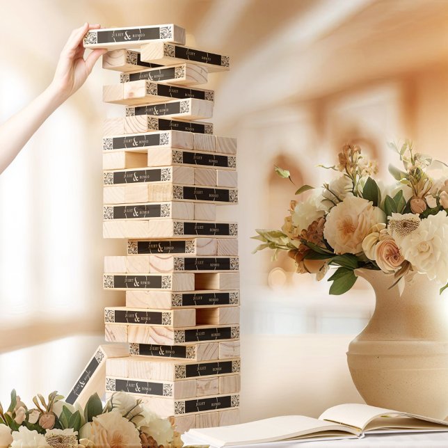 Modern Black and White Elegant Wedding Backdrop Topple Tower (modern black and white elegant monogrammed topple tower blocks game)